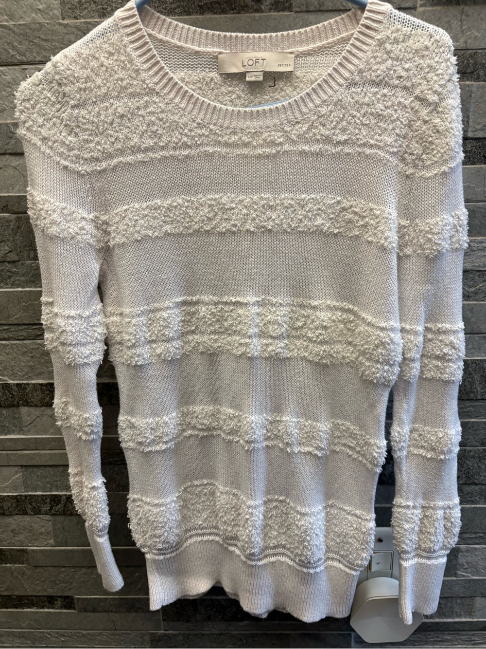 LOFT Cream Textured Stripe Crewneck Sweater